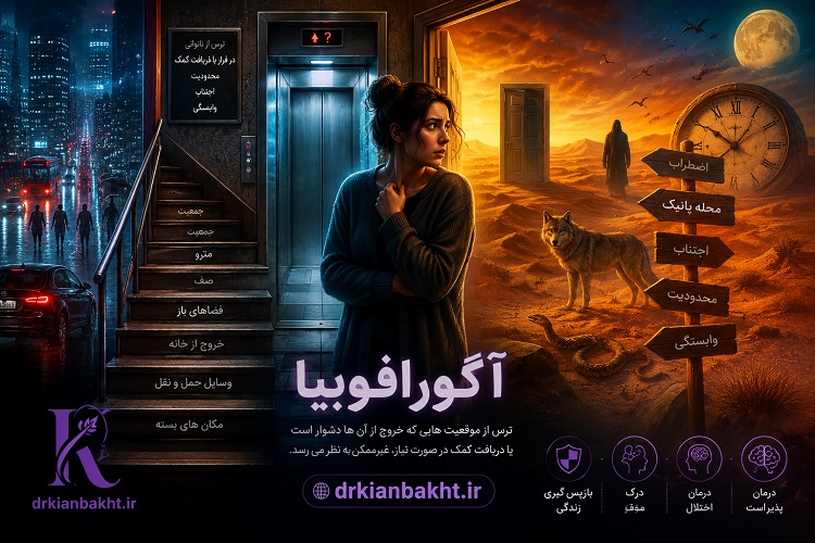 تصویر سورئال آگورافوبیا؛ زن و مردی در ساختمانی شهری میان آسانسور، پلهها، خیابان، جنگل، کویر و تاریکی که تجربه ذهنی ترس و اجتناب را نشان میدهد.