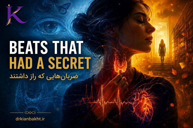 تصویر سورئال زنی با تپش قلب، غده تیروئید درخشان و فضای کتابخانه؛ نمادی از داستان «ضربان‌هایی که راز داشتند» درباره اضطراب ناشی از بیماری جسمانی.