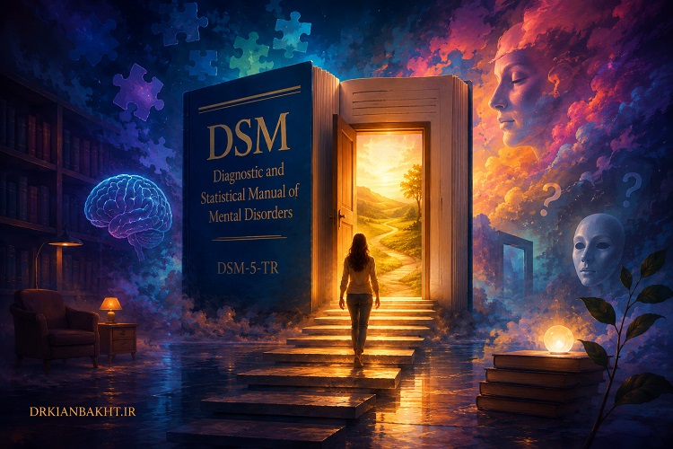 تصویر مفهومی و سورئال از راهنمای تشخیصی و آماری اختلالات روانی (DSM) و نقش آن در تشخیص اختلالات روانی