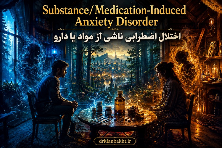 تصویر مفهومی اختلال اضطرابی ناشی از مواد یا دارو در کلبه‌ای جادویی میان جنگل با حضور زن و مرد و نمادهای مصرف، دارو و اضطراب.