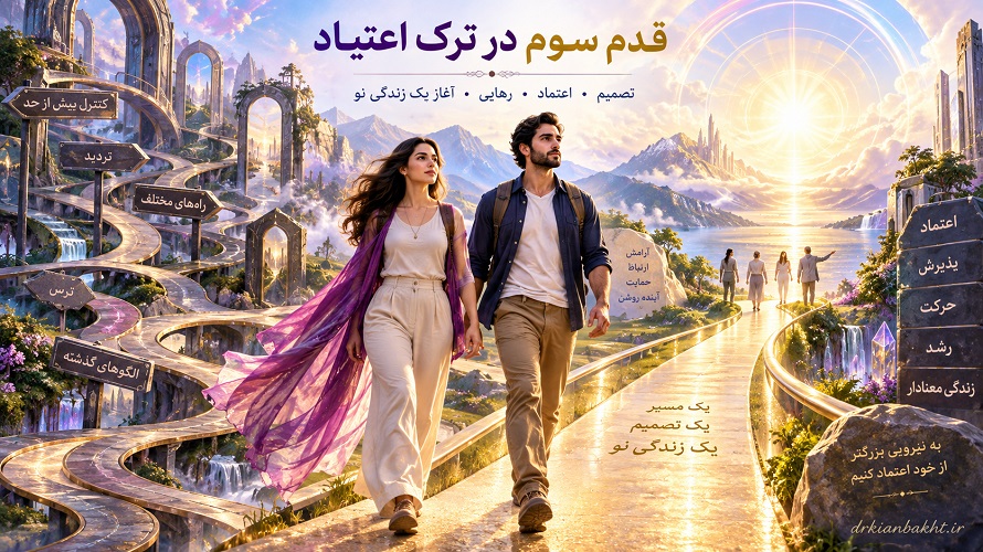 زن و مرد در مسیر روشن قدم سوم در ترک اعتیاد با مفهوم تصمیم، اراده، سپردن و نیروی برتر